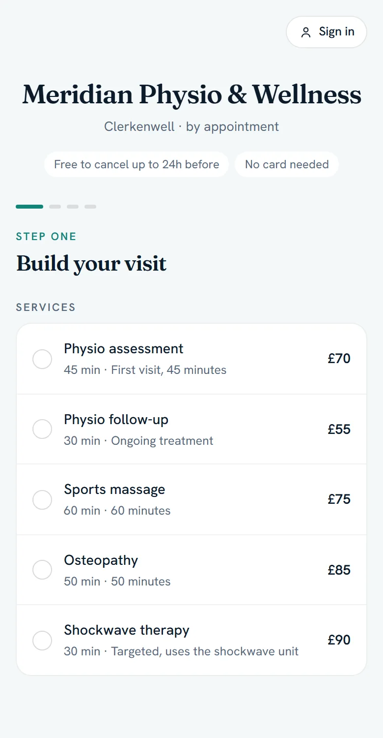 A clinic booking page listing treatments with durations and prices