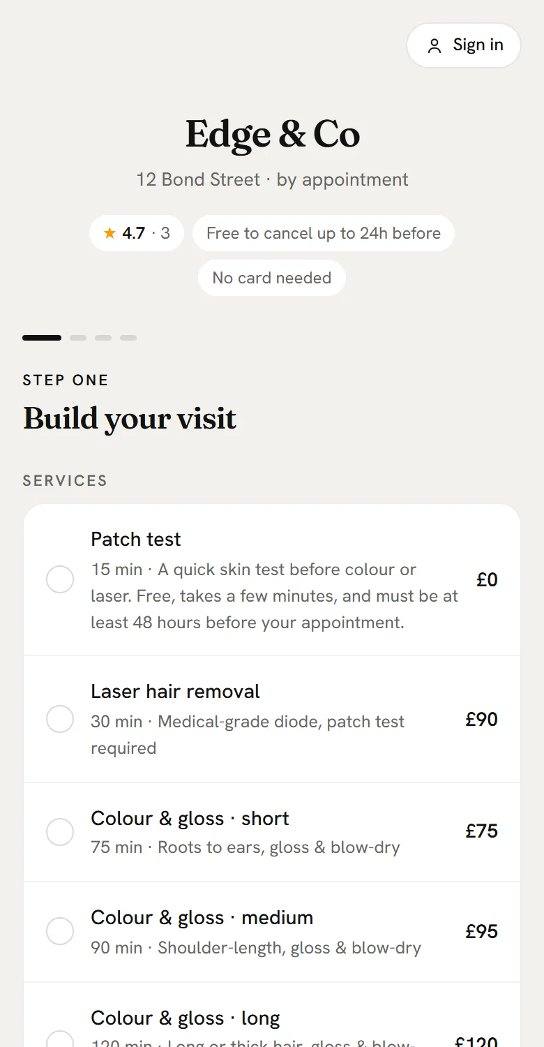 A salon booking page listing services with times and prices