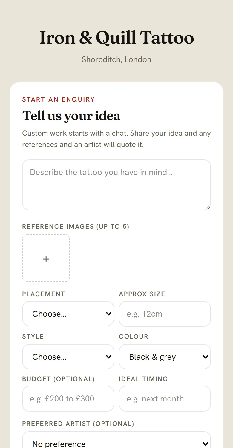 A tattoo enquiry form asking for the idea, references, placement, size and style