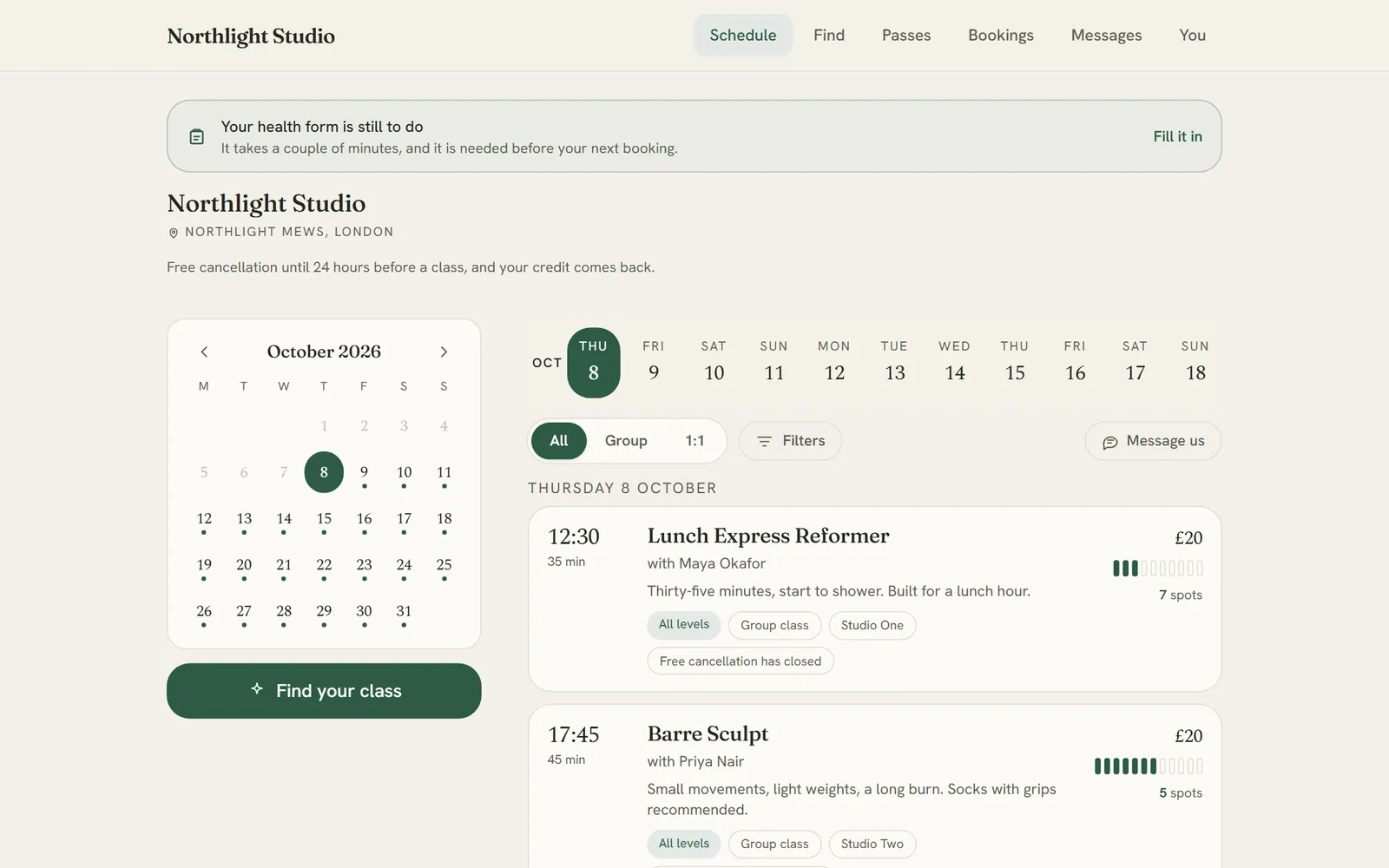 The studio's booking page: a calendar, the day's classes with teacher, price and spots left, and the cancellation terms