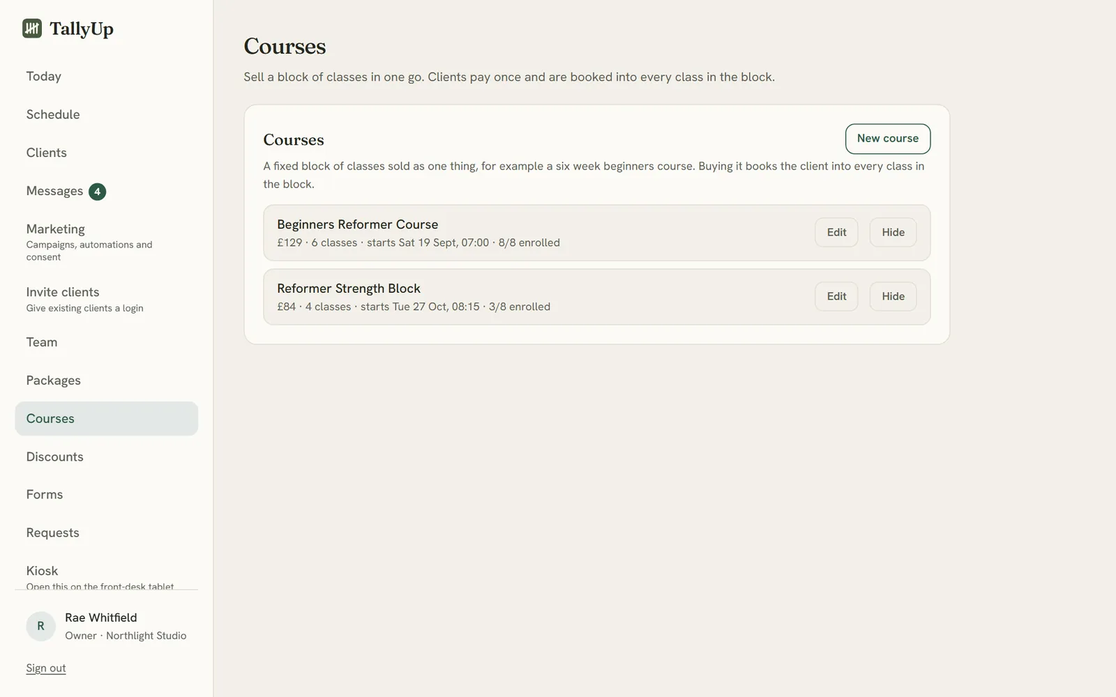 Courses: a six week beginners course and a four week strength block, each with its price, start date and how many are enrolled