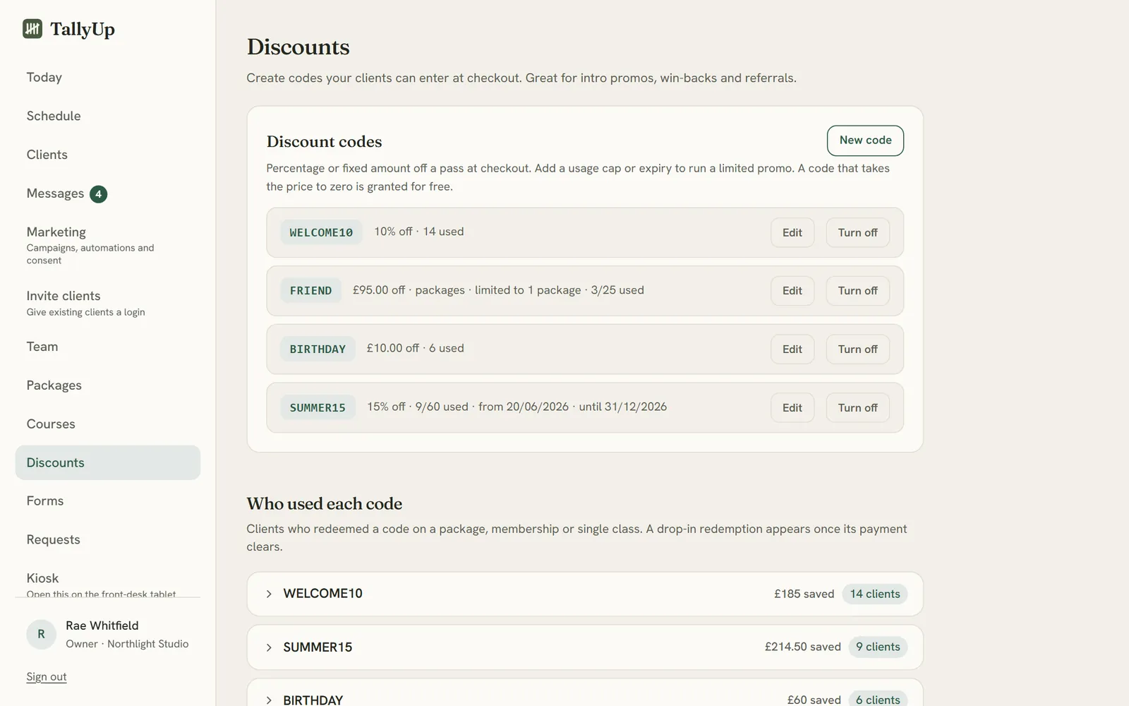 Discount codes: a percentage code, a fixed amount code, a birthday code and a seasonal code, with how many times each was used and who used it