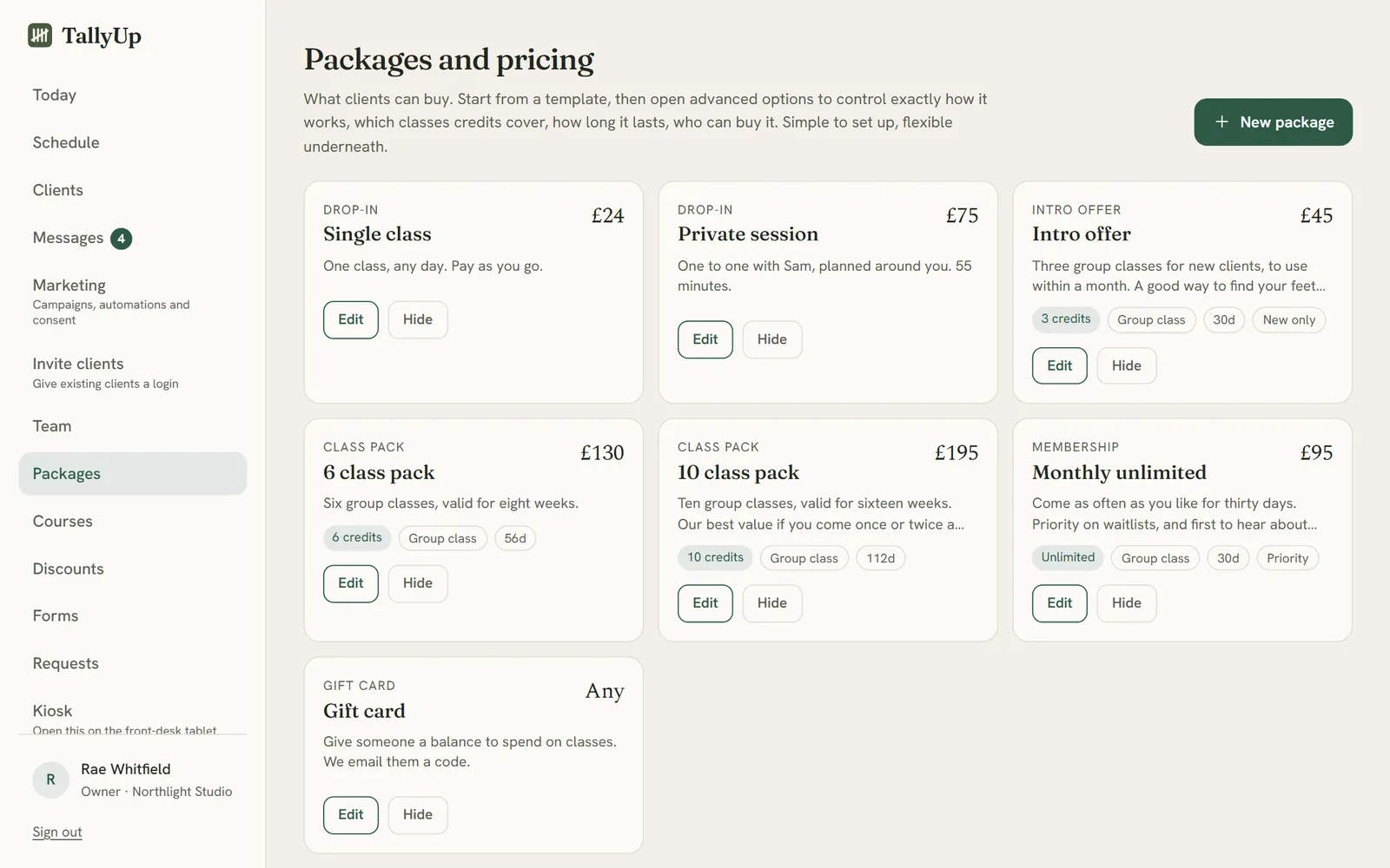 Packages and pricing: a single class, a private session, an intro offer, class packs, a monthly unlimited membership and a gift card