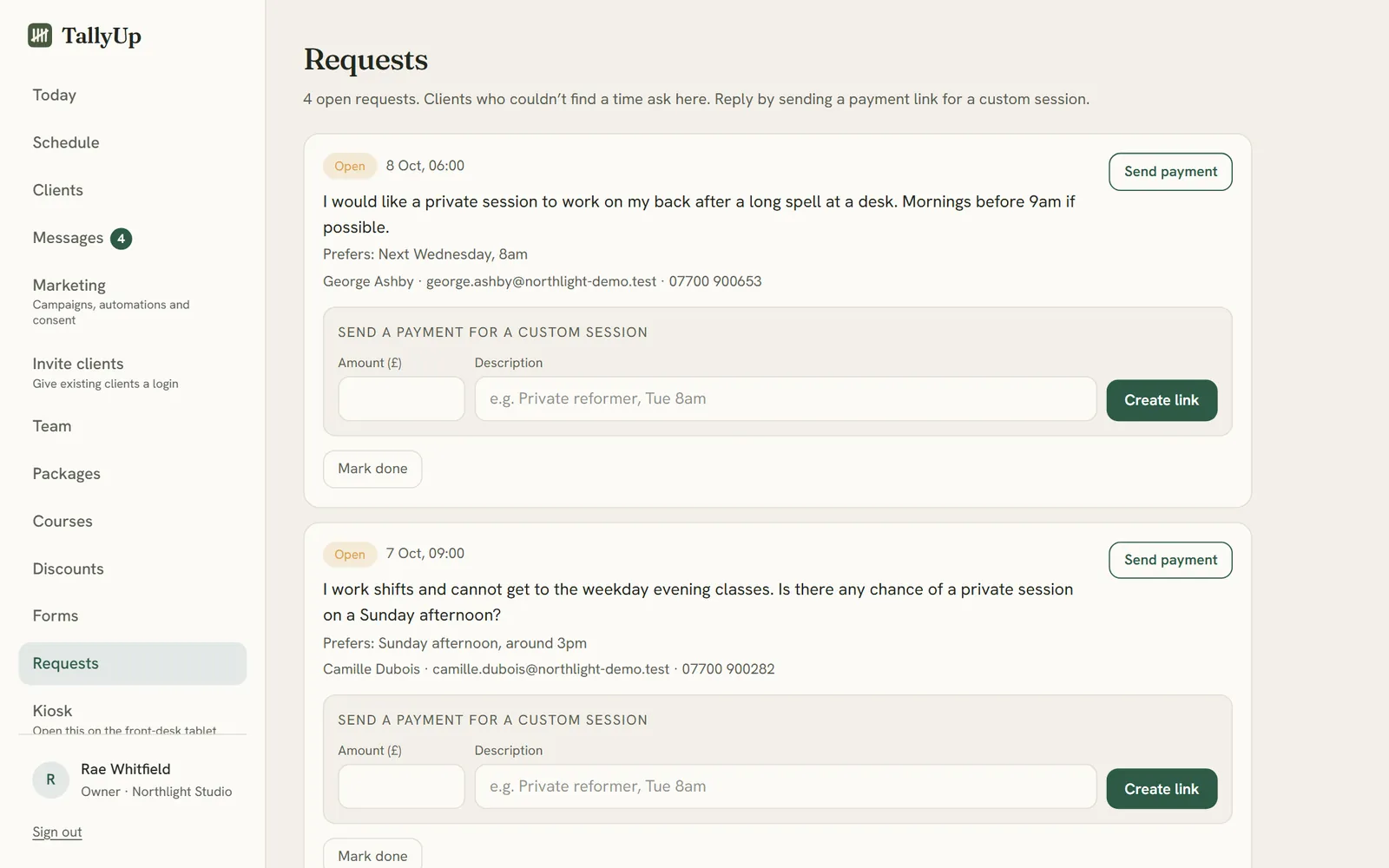 Requests from clients who could not find a time that suits, each with a button to send a payment link for a custom session