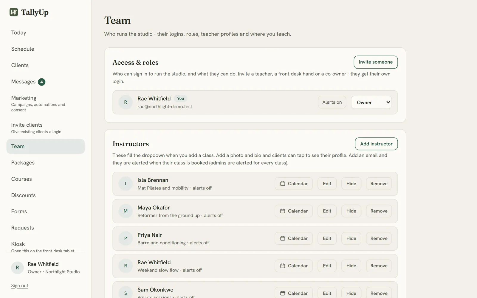 The team page: who can sign in to run the studio, and the teachers with their calendars, profiles and what each teaches