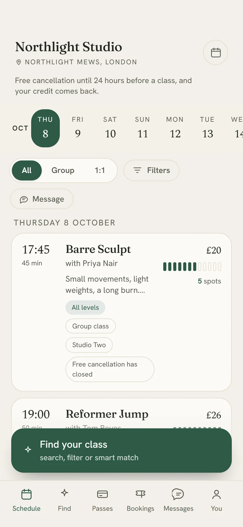 The studio's booking page as an app on a phone: the studio's name, the week to pick from, and the day's classes with time, teacher, price and spots left, with Schedule, Find, Passes, Bookings, Messages and You along the bottom