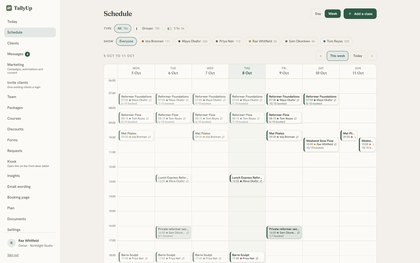The schedule for the week: reformer, mat and private classes Monday to Sunday, each with its teacher in their own colour and how many are booked